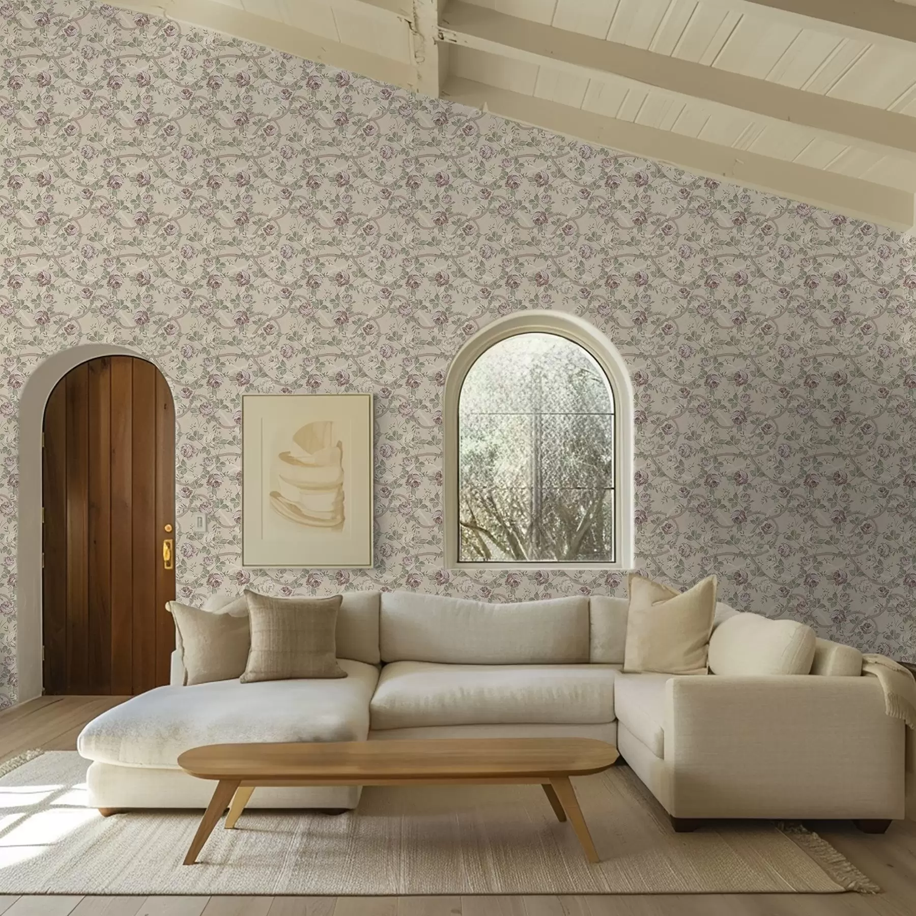 murais de parede Rosas com folhas verdes sobre uma base bege quente a00729