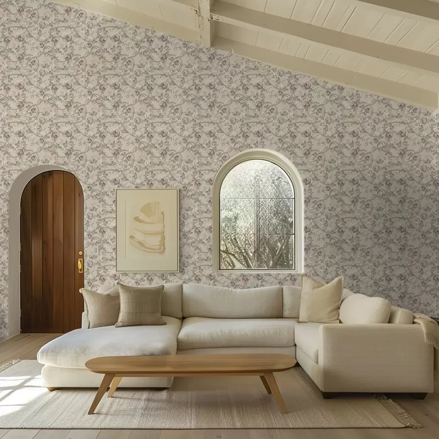 murais de parede Rosas com folhas verdes sobre uma base bege quente a00729