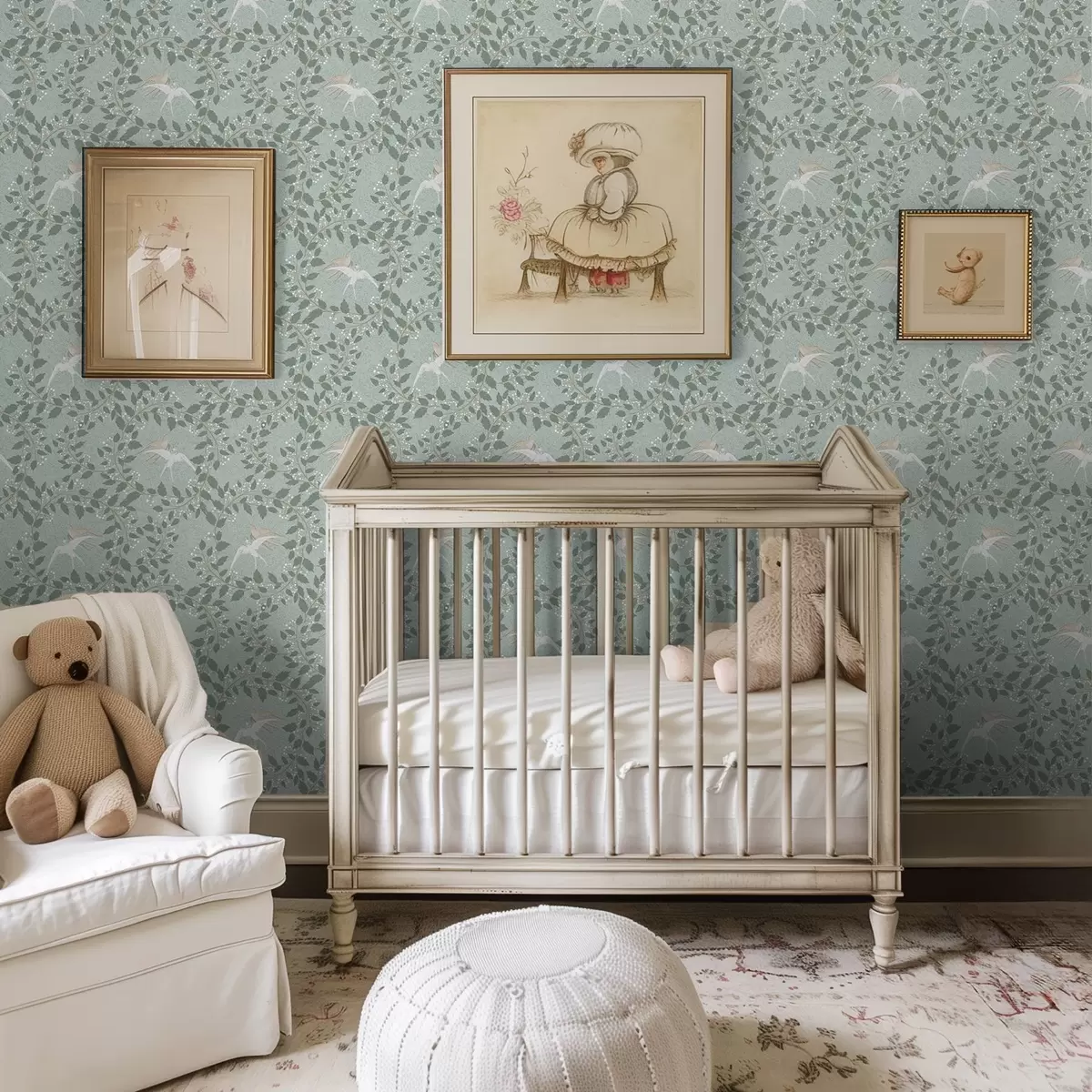 Papel de parede Galhos com bagas brancas e pássaros sobre fundo verde a00731