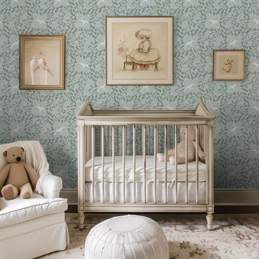 murais de parede Galhos com bagas brancas e pássaros sobre fundo verde a00731