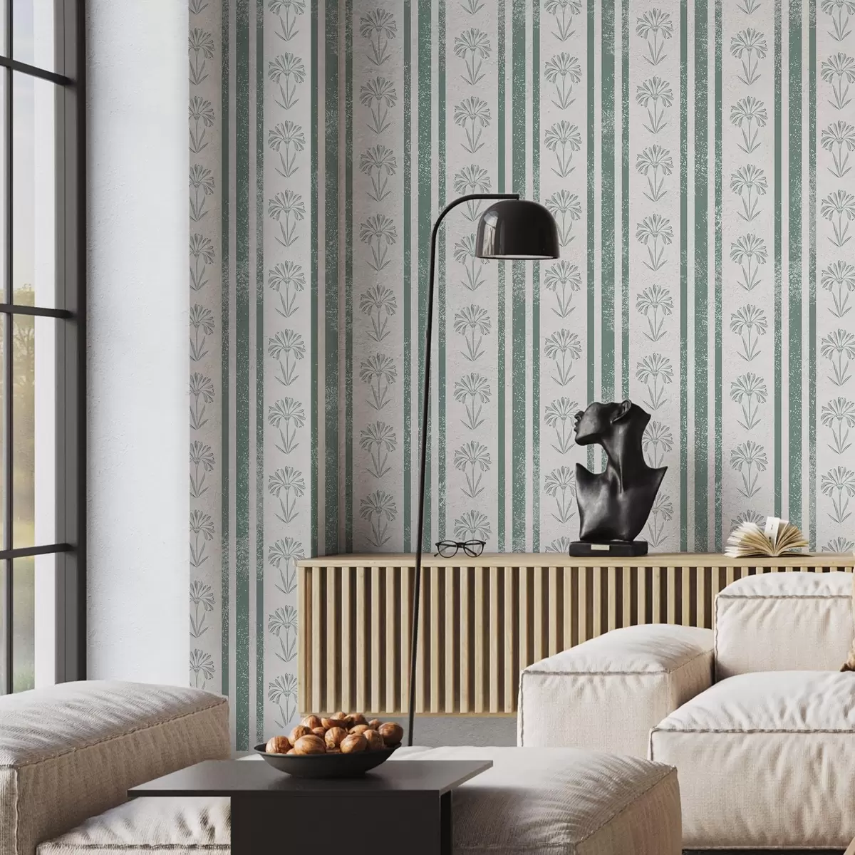 Papel de parede Padrão de fita com flores em tons de verde a00732