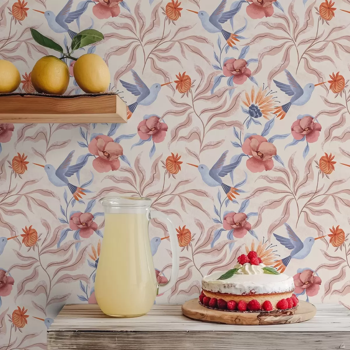 Papel de parede Beija-flores entre grandes flores em tons de rosa e azul a00733