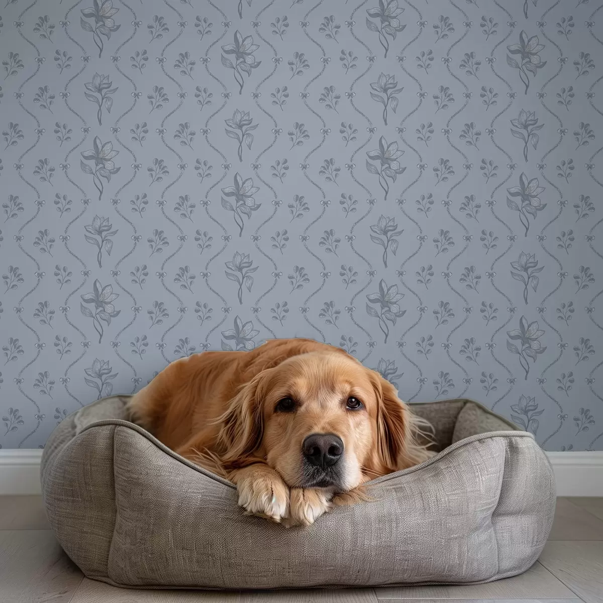 Papel de parede Pequenas flores e fitas em tons de cinza-azulado a00808v2