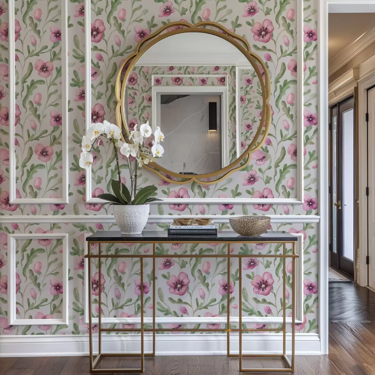 Papel de parede Papoilas delicadas em rosa com folhas em técnica de aguarela a00830