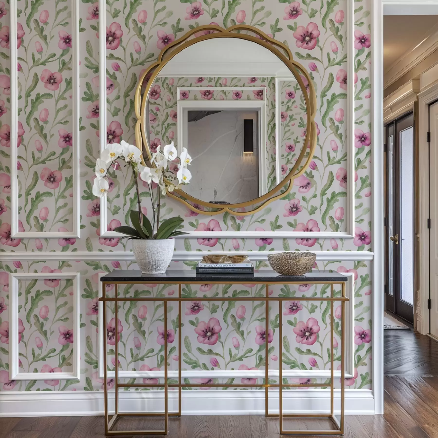 murais de parede Papoilas delicadas em rosa com folhas em técnica de aguarela a00830