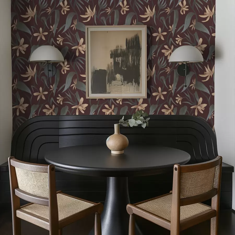 murais de parede Flores creme com folhas cinzentas sobre fundo bordô a00833