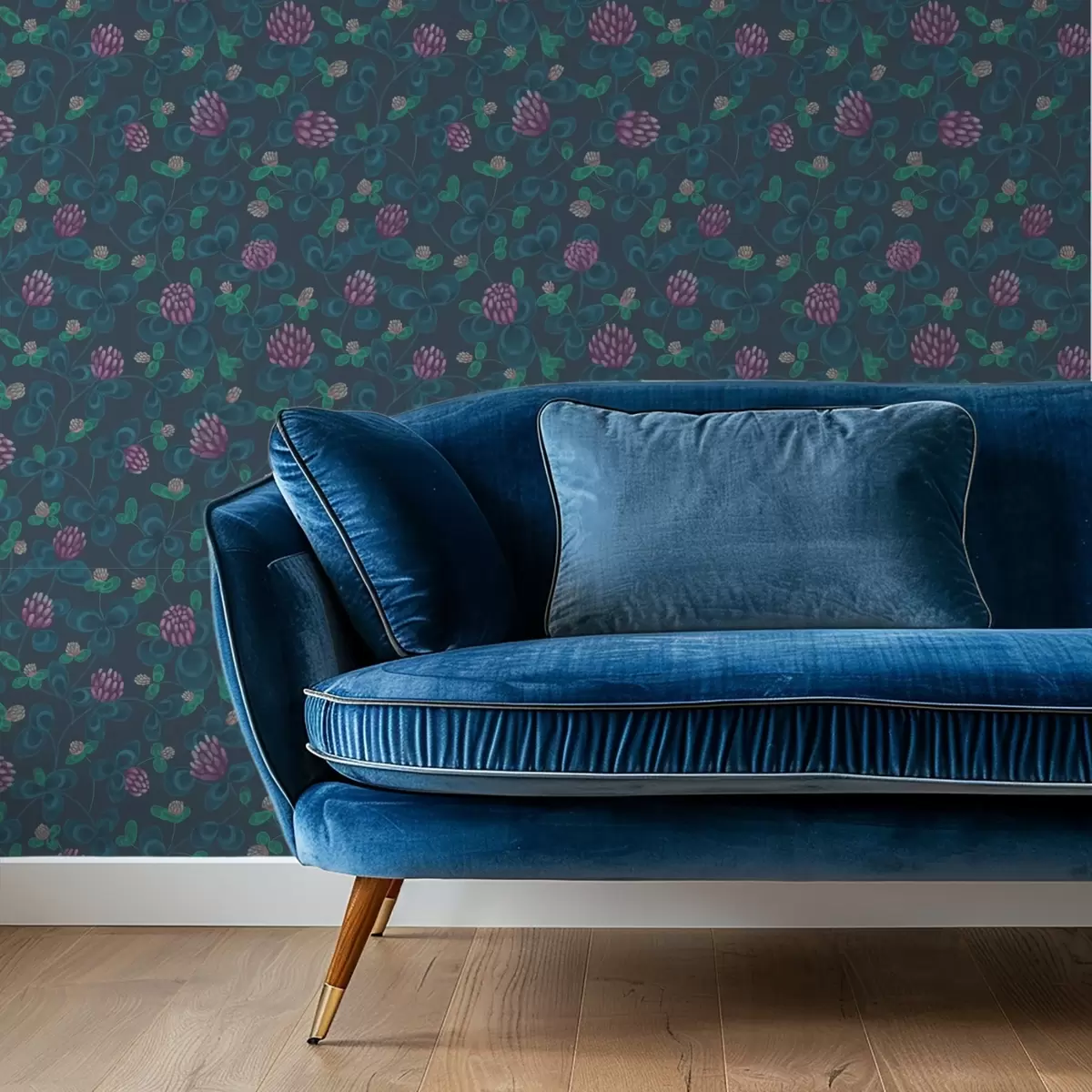 Papel de parede Trevo com flores roxas sobre fundo azul escuro a00836