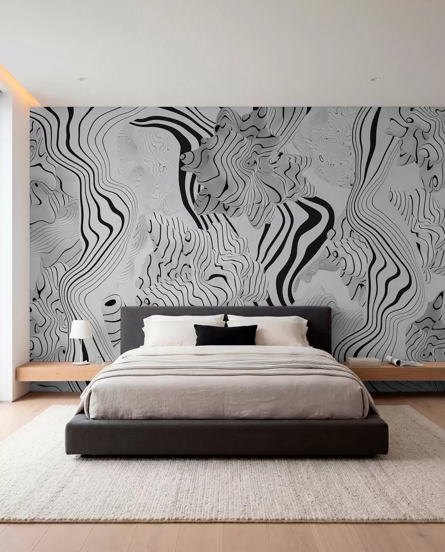 murais de parede formas orgânicas abstratas em estilo 3D em tons de branco e cinza com listras pretas w04627