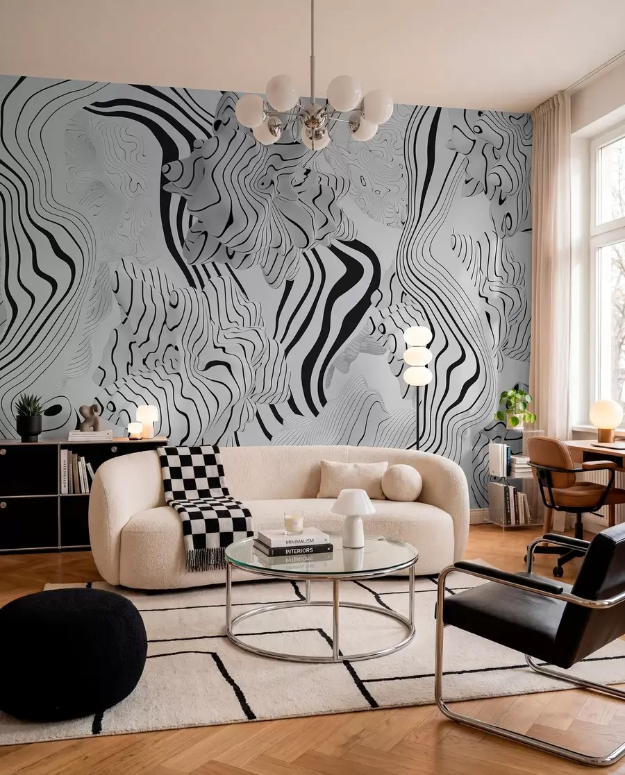 murais de parede formas orgânicas abstratas em estilo 3D em tons de branco e cinza com listras pretas w04627