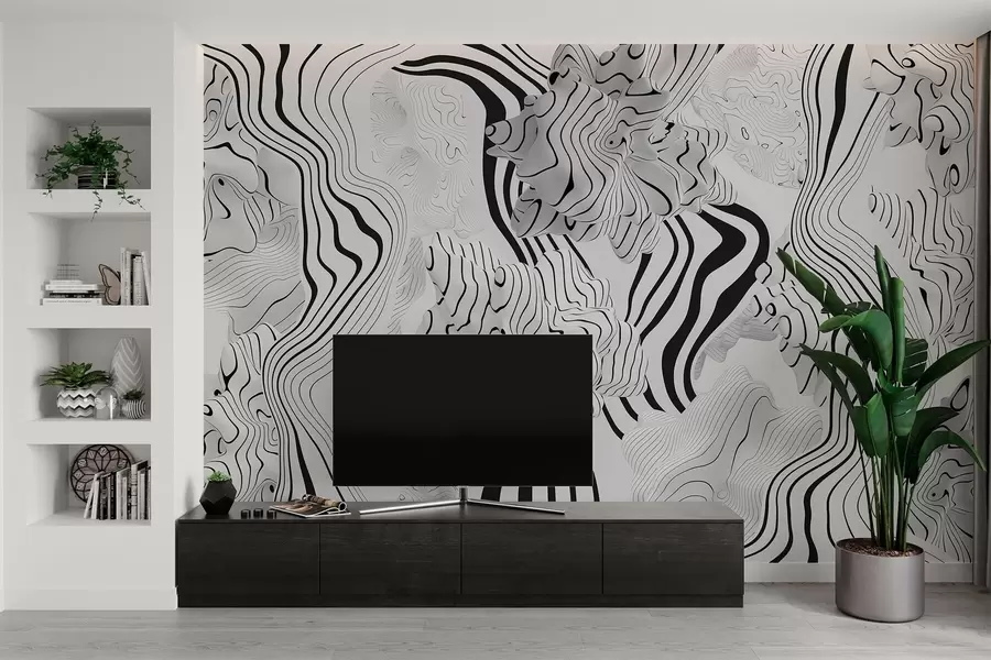 murais de parede formas orgânicas abstratas em estilo 3D em tons de branco e cinza com listras pretas w04627