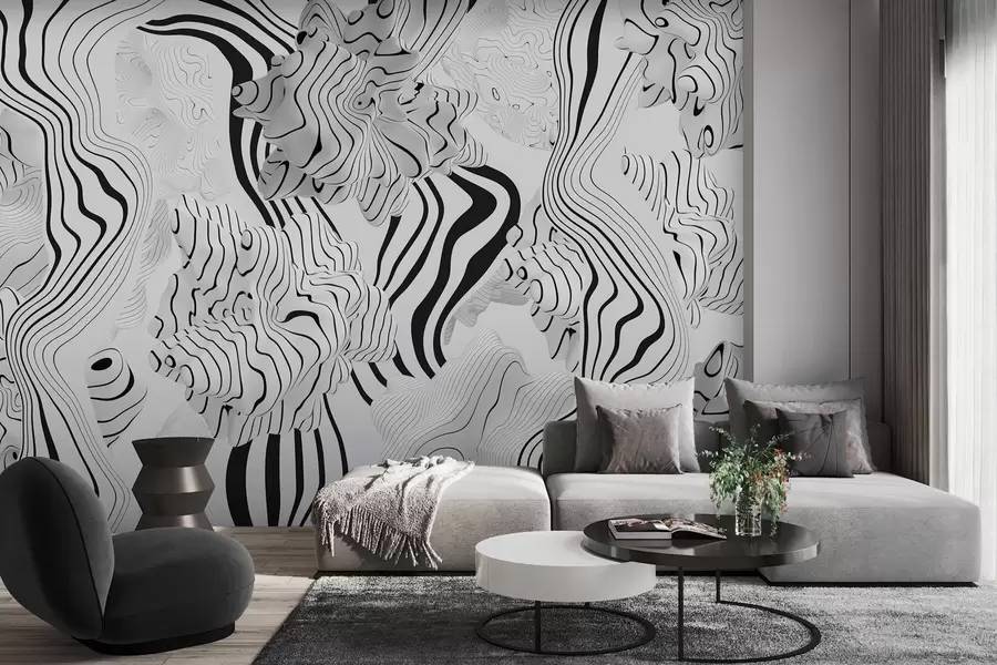 murais de parede formas orgânicas abstratas em estilo 3D em tons de branco e cinza com listras pretas w04627