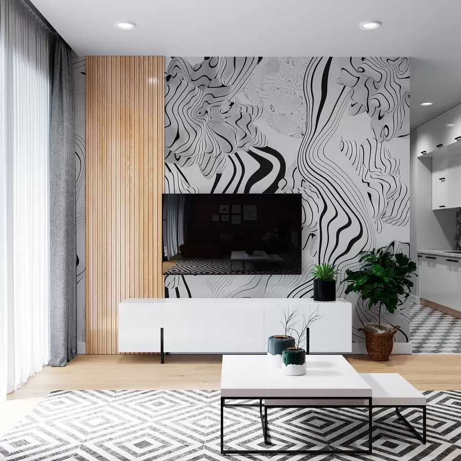 murais de parede formas orgânicas abstratas em estilo 3D em tons de branco e cinza com listras pretas w04627
