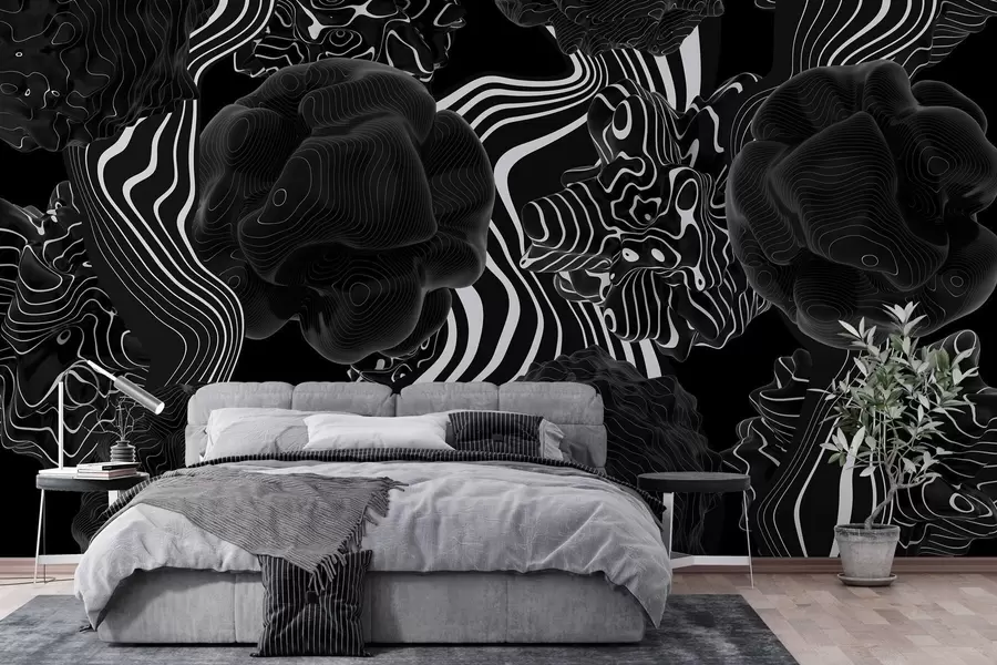 murais de parede formas orgânicas abstratas em estilo 3D em tons de preto com riscas brancas w04628