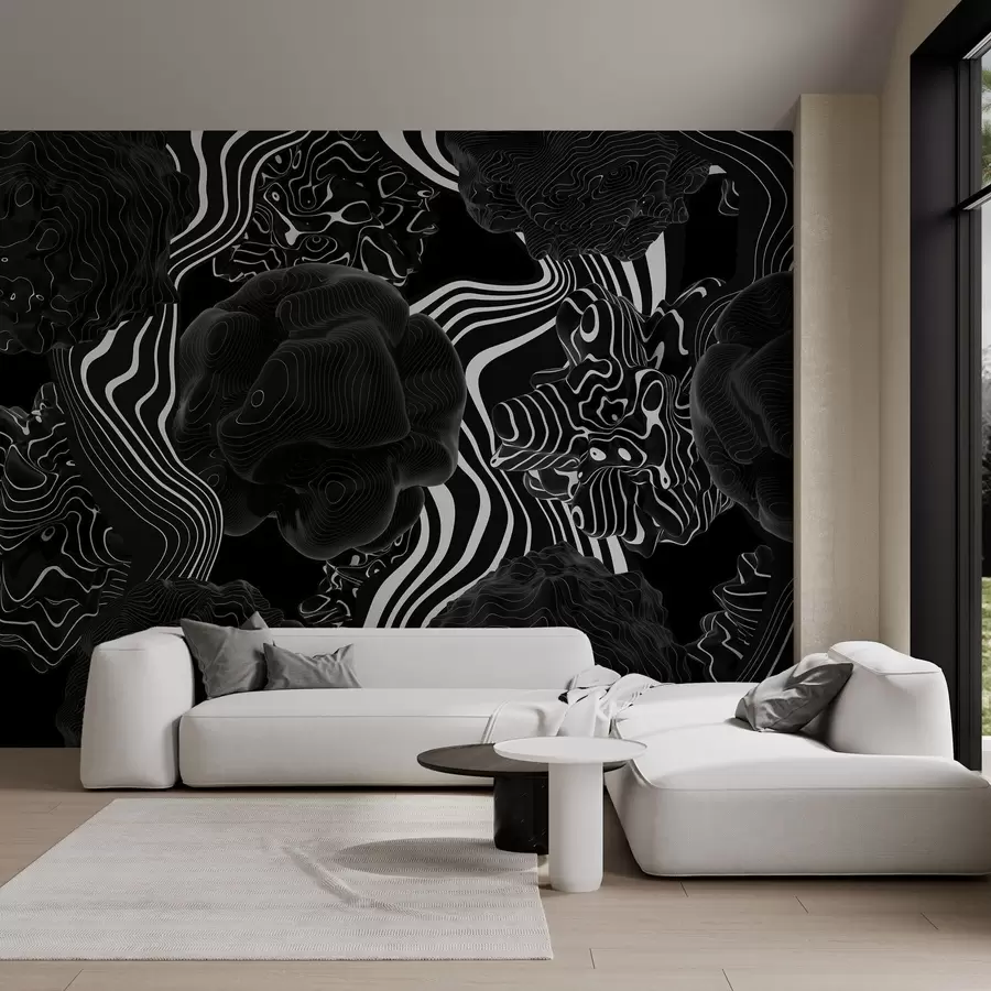 murais de parede formas orgânicas abstratas em estilo 3D em tons de preto com riscas brancas w04628
