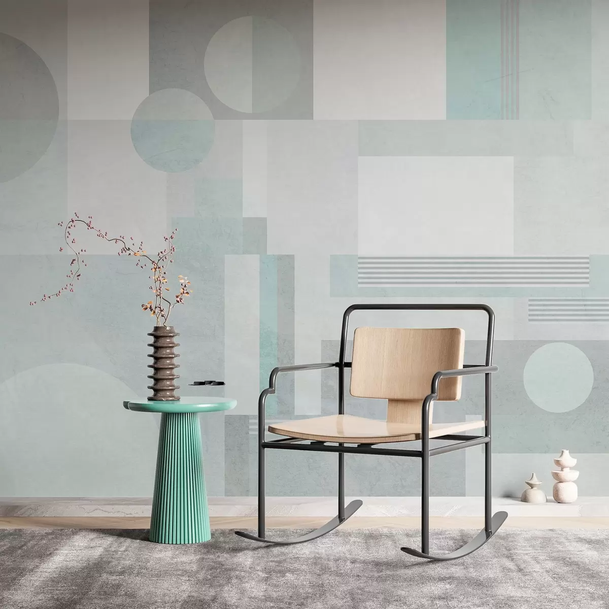 murais de parede geometria abstrata em tons de cinza-esverdeado w04635v3