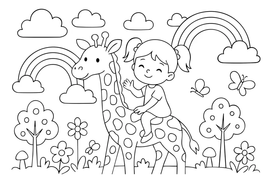 murais de parede desenho a preto e branco de uma menina numa girafa, ao estilo de um livro de colorir infantil w04753