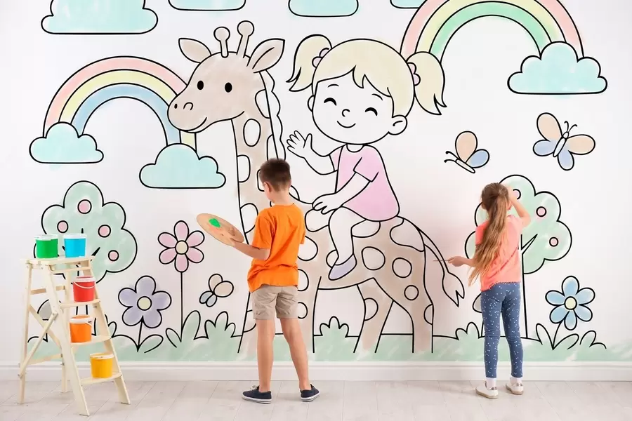 murais de parede menina em cima de uma girafa no estilo de um livro de colorir infantil w04755