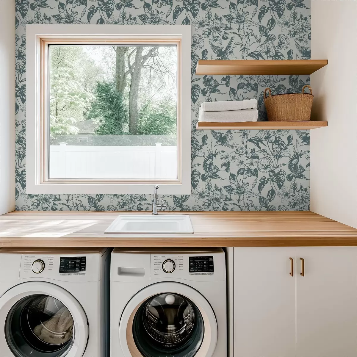 Papel de parede Ornamento floral monocromático com pássaros a00737