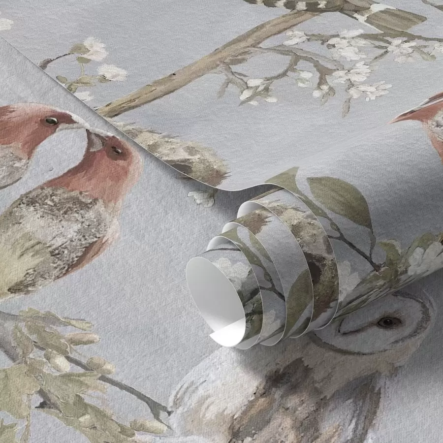 murais de parede Pássaros em galhos com flores sobre fundo cinzento a00738