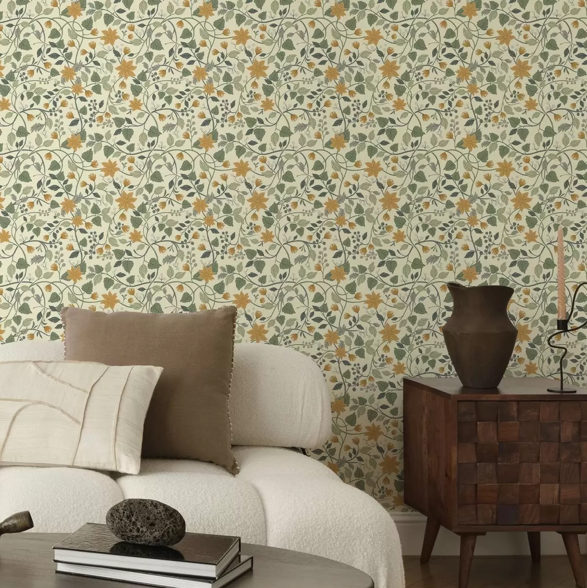 Papel de parede Galhos trepadeiras com flores amarelas e bagas a00750