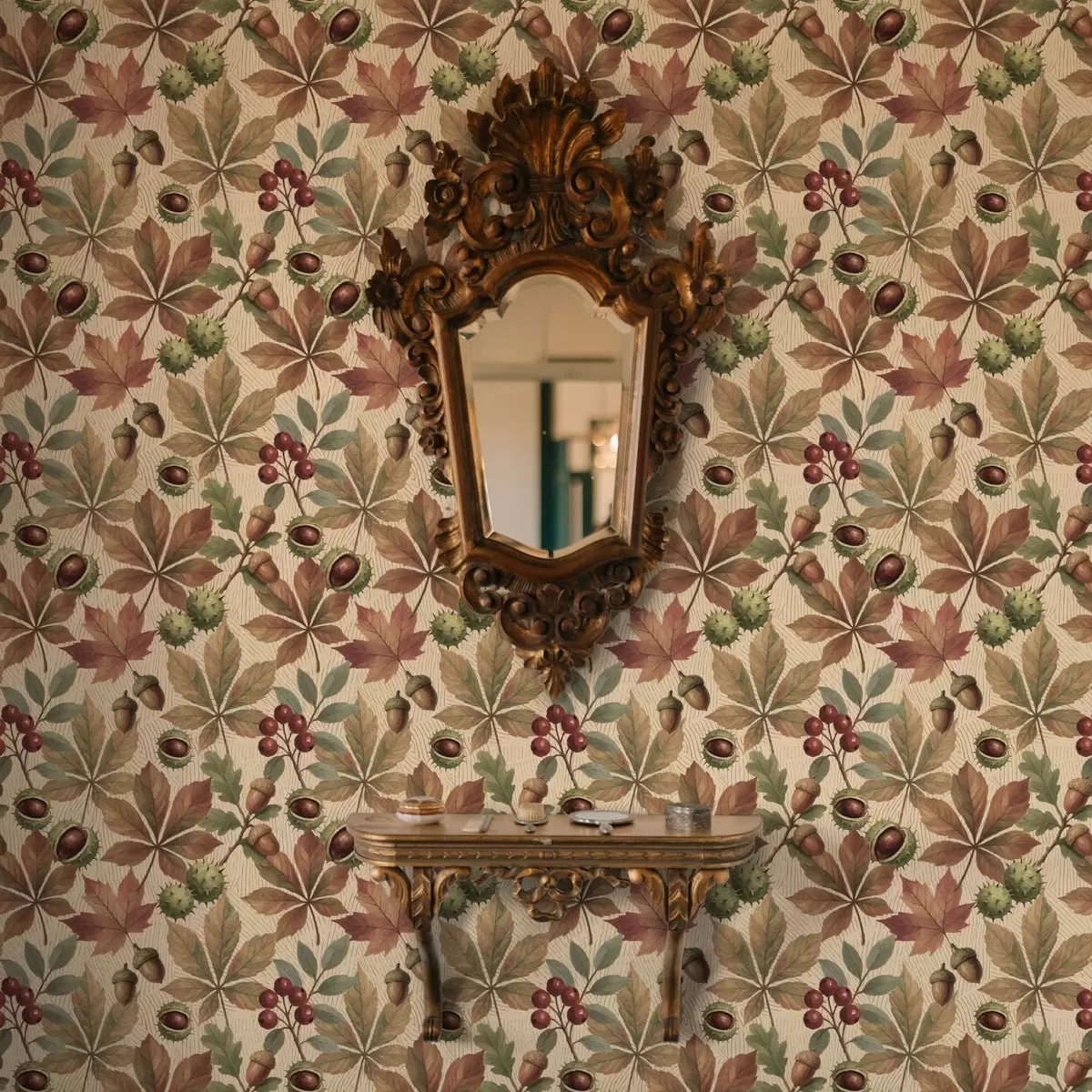 Papel de parede Folhas de outono, bolotas e bagas sobre fundo bege a00754