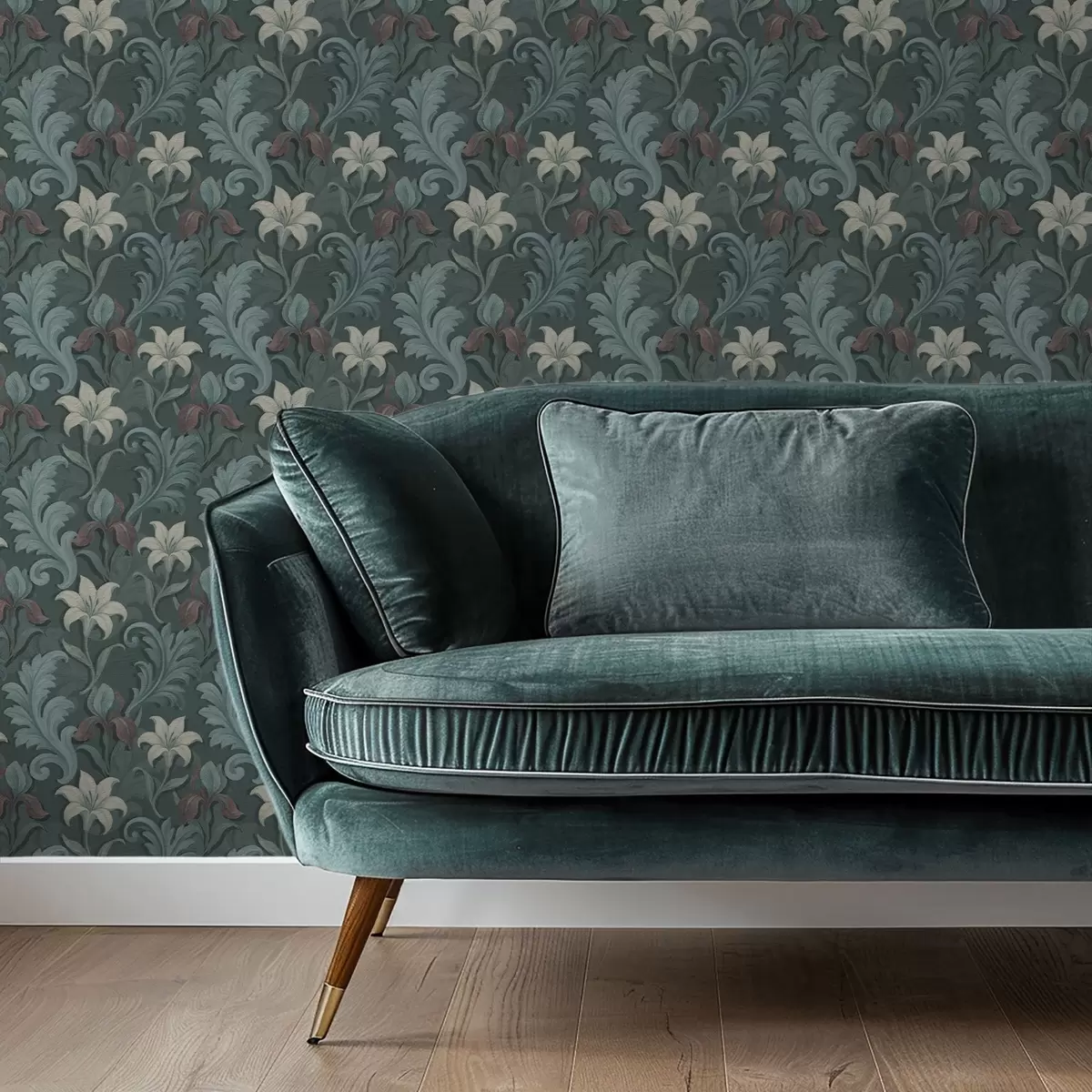 Papel de parede Fundo verde escuro com íris e folhas decorativas a00755