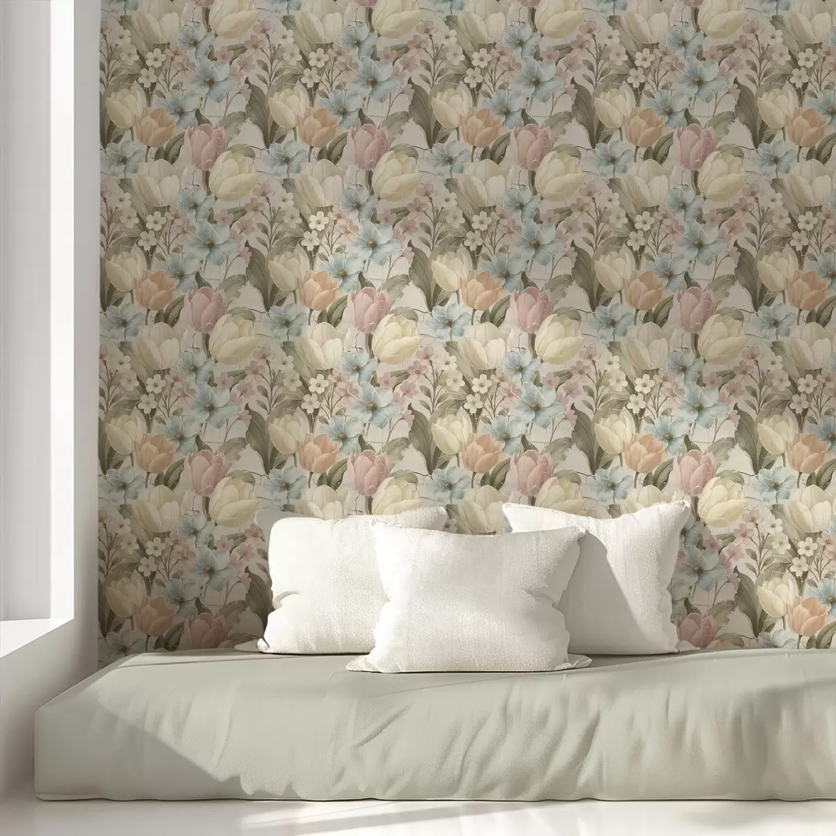 Papel de parede Tulipas e flores em tons pastel sobre fundo claro rachado a00756