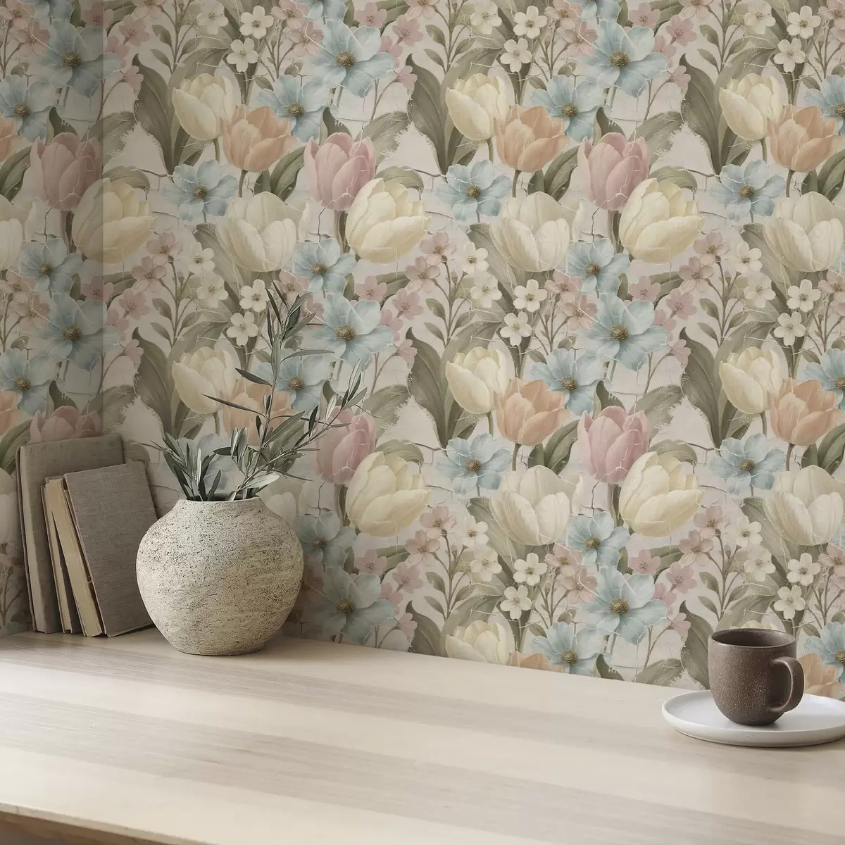 Papel de parede Tulipas e flores em tons pastel sobre fundo claro rachado a00756