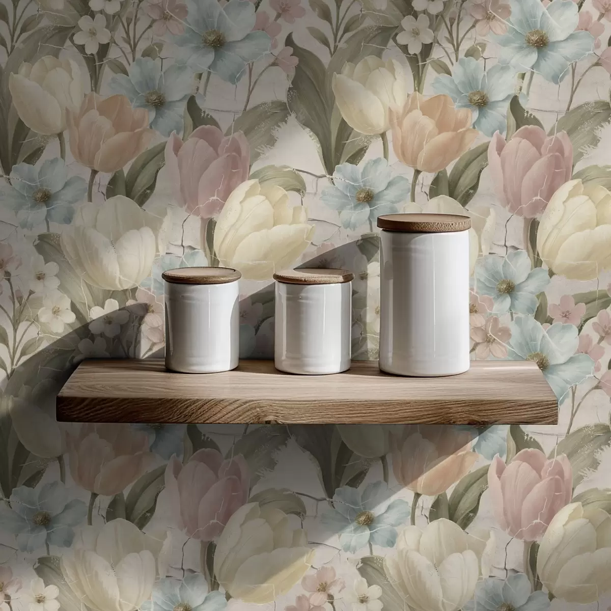 Papel de parede Tulipas e flores em tons pastel sobre fundo claro rachado a00756