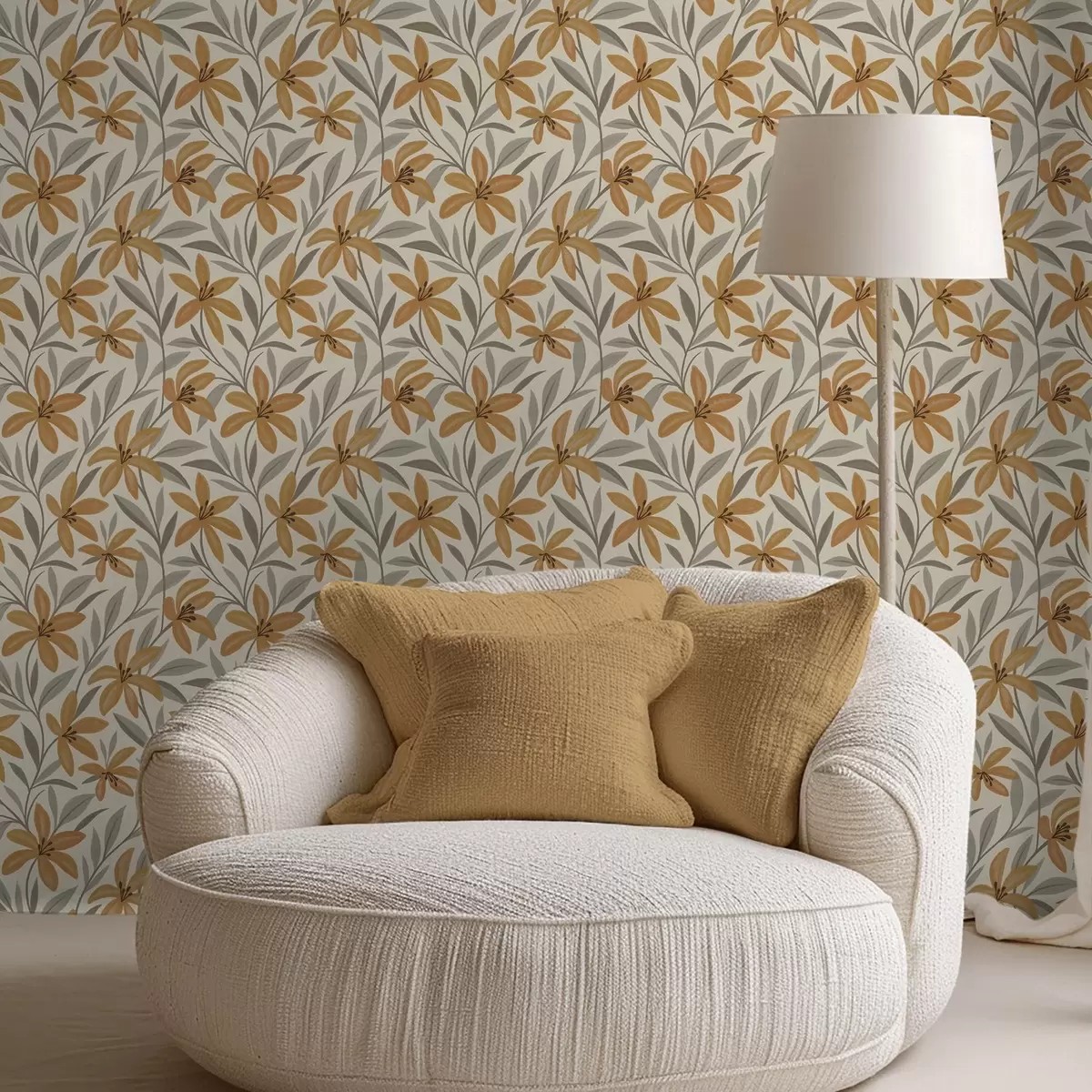 Papel de parede Lírios amarelos e folhas cinza-esverdeadas sobre fundo claro a00757