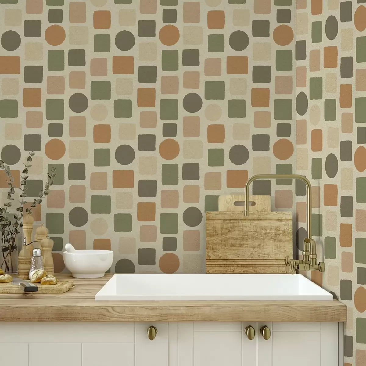 Papel de parede Padrão geométrico de quadrados e círculos em tons quentes a00759