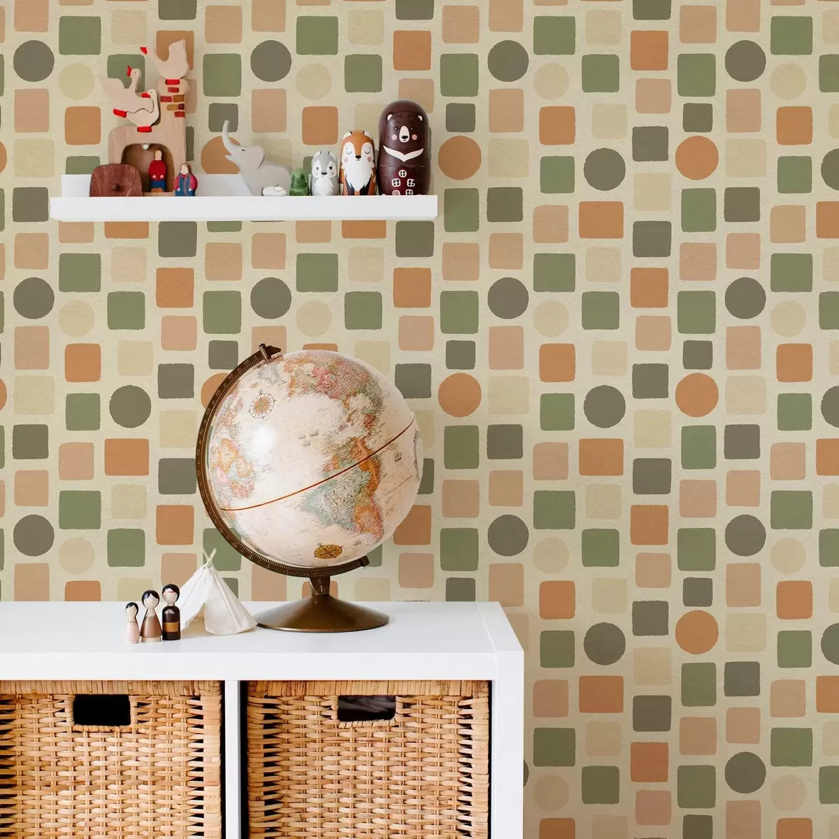 Papel de parede Padrão geométrico de quadrados e círculos em tons quentes a00759