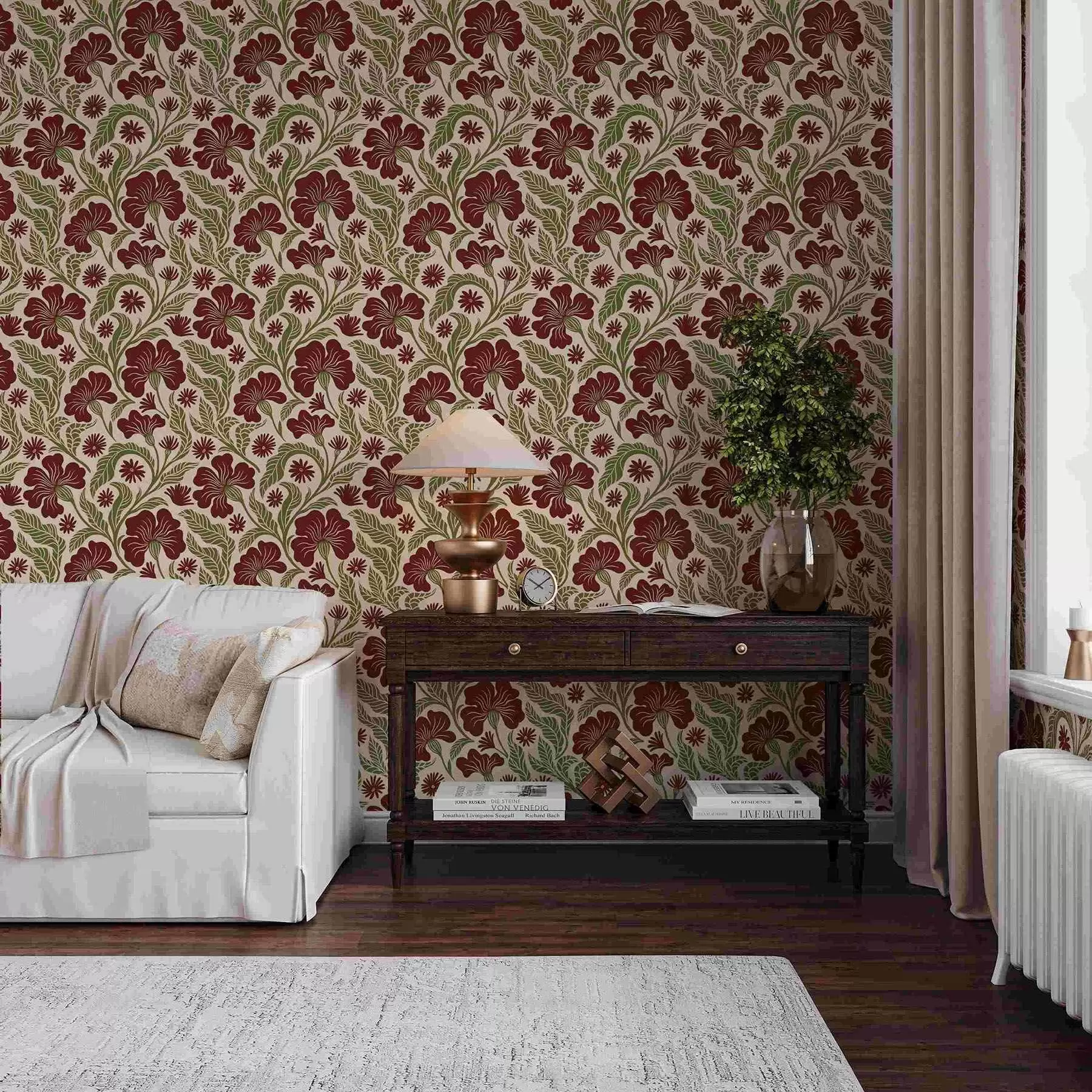 murais de parede Flores cor de vinho com folhas verdes sobre fundo claro a00761