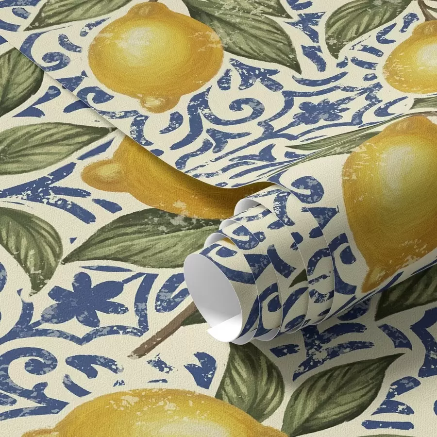 murais de parede Ramos de limão com fundo ornamental azul a00763