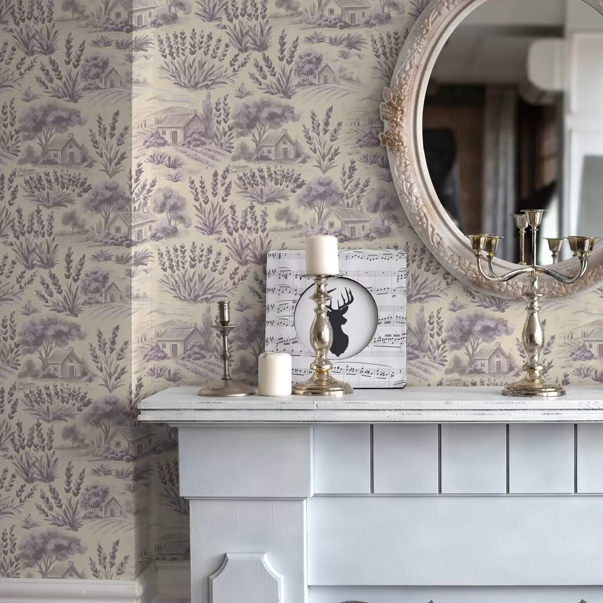 Papel de parede Campos de lavanda e casas em tons pastel a00765