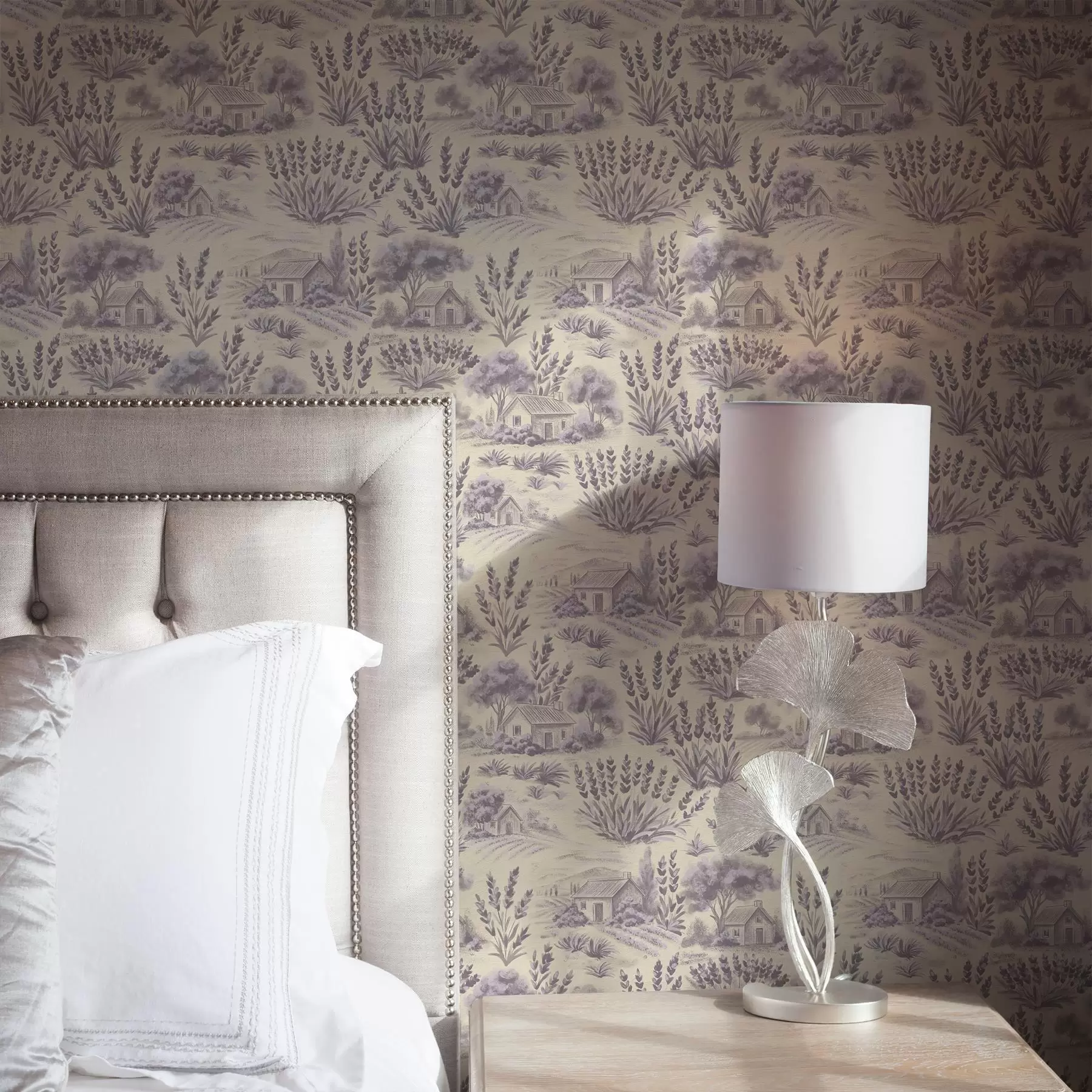 murais de parede Campos de lavanda e casas em tons pastel a00765