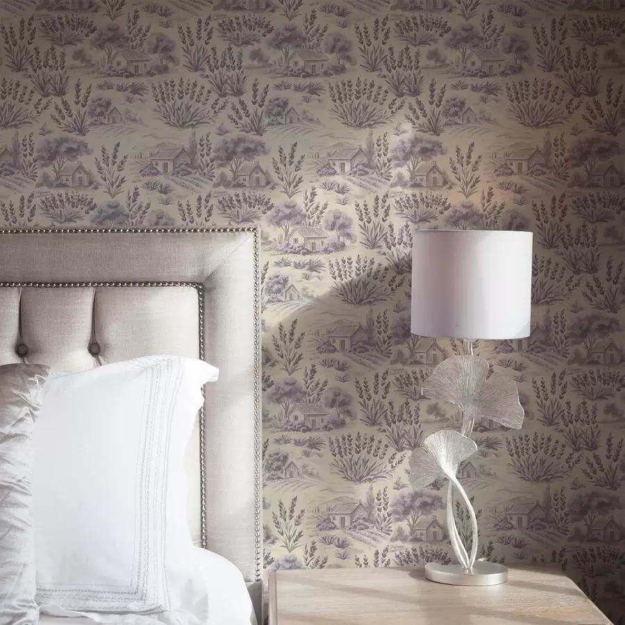 murais de parede Campos de lavanda e casas em tons pastel a00765