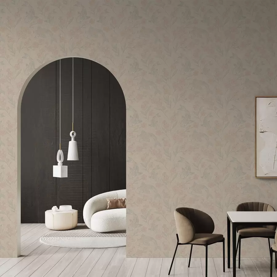 murais de parede Carpas entre flores em suaves tons de bege-rosa a00766