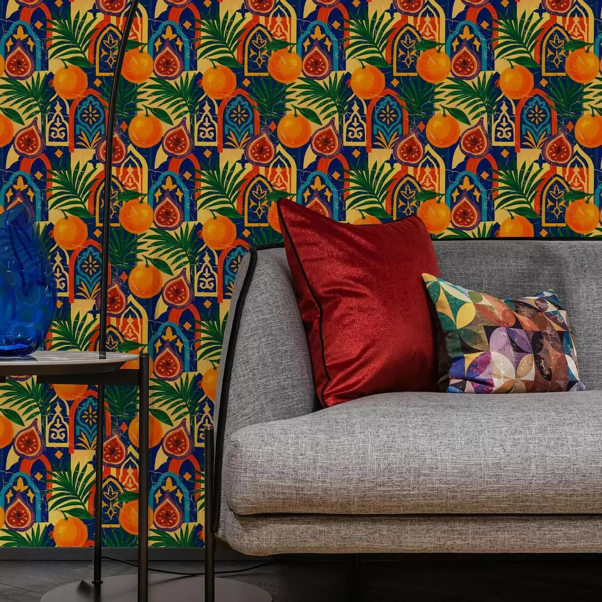 Papel de parede Laranjas brilhantes, folhas de palmeira e arcos marroquinos a00767