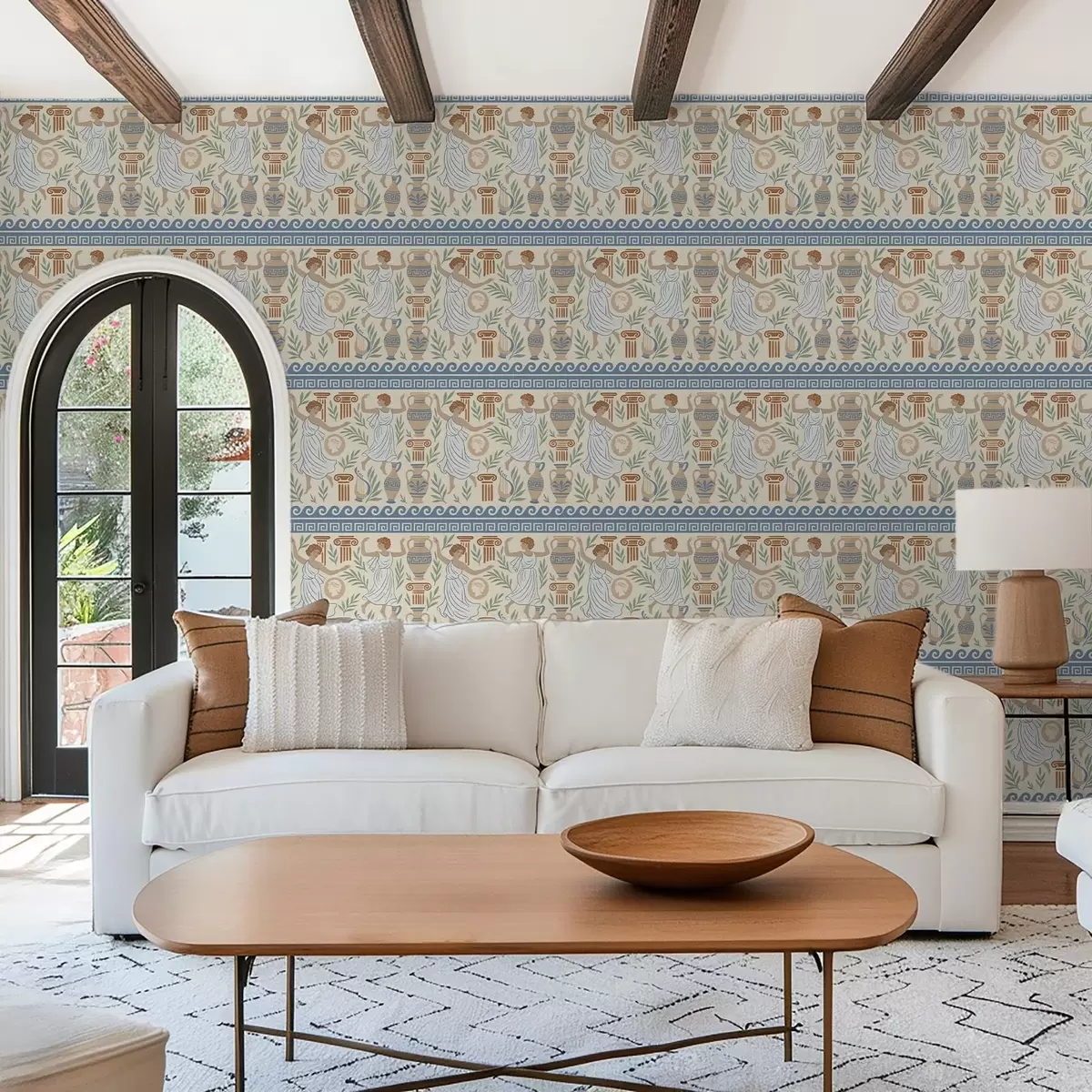 Papel de parede Ornamento grego antigo com figuras, vasos e colunas a00768