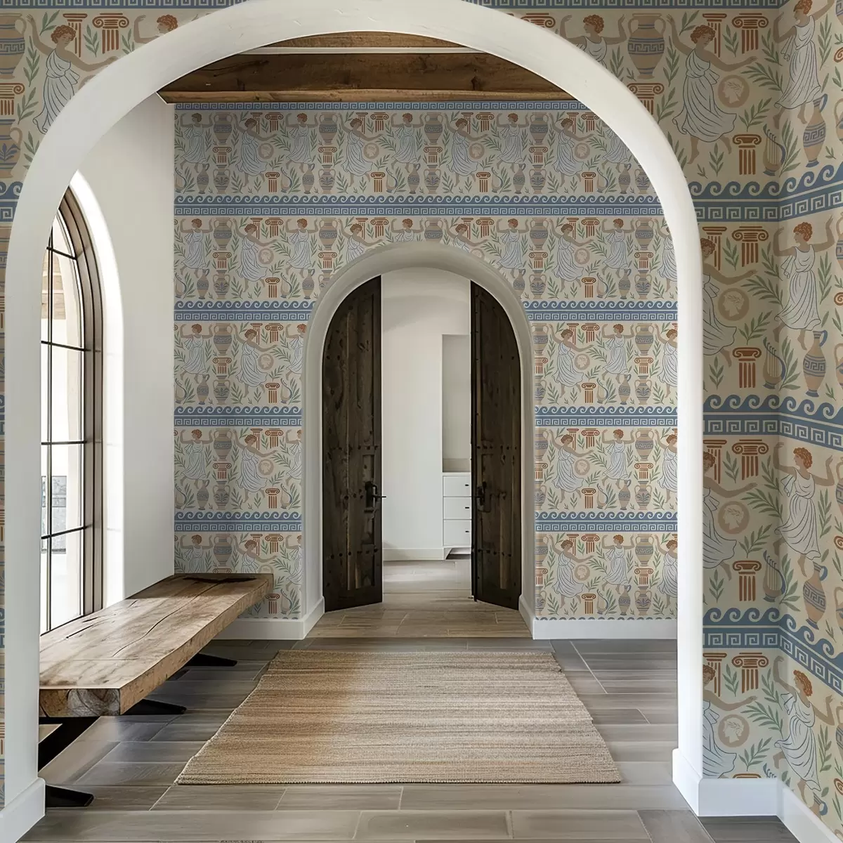 Papel de parede Ornamento grego antigo com figuras, vasos e colunas a00768