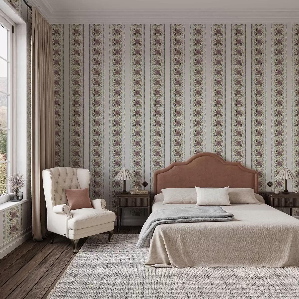 Papel de parede Listras florais verticais em tons de azul lilás a00809