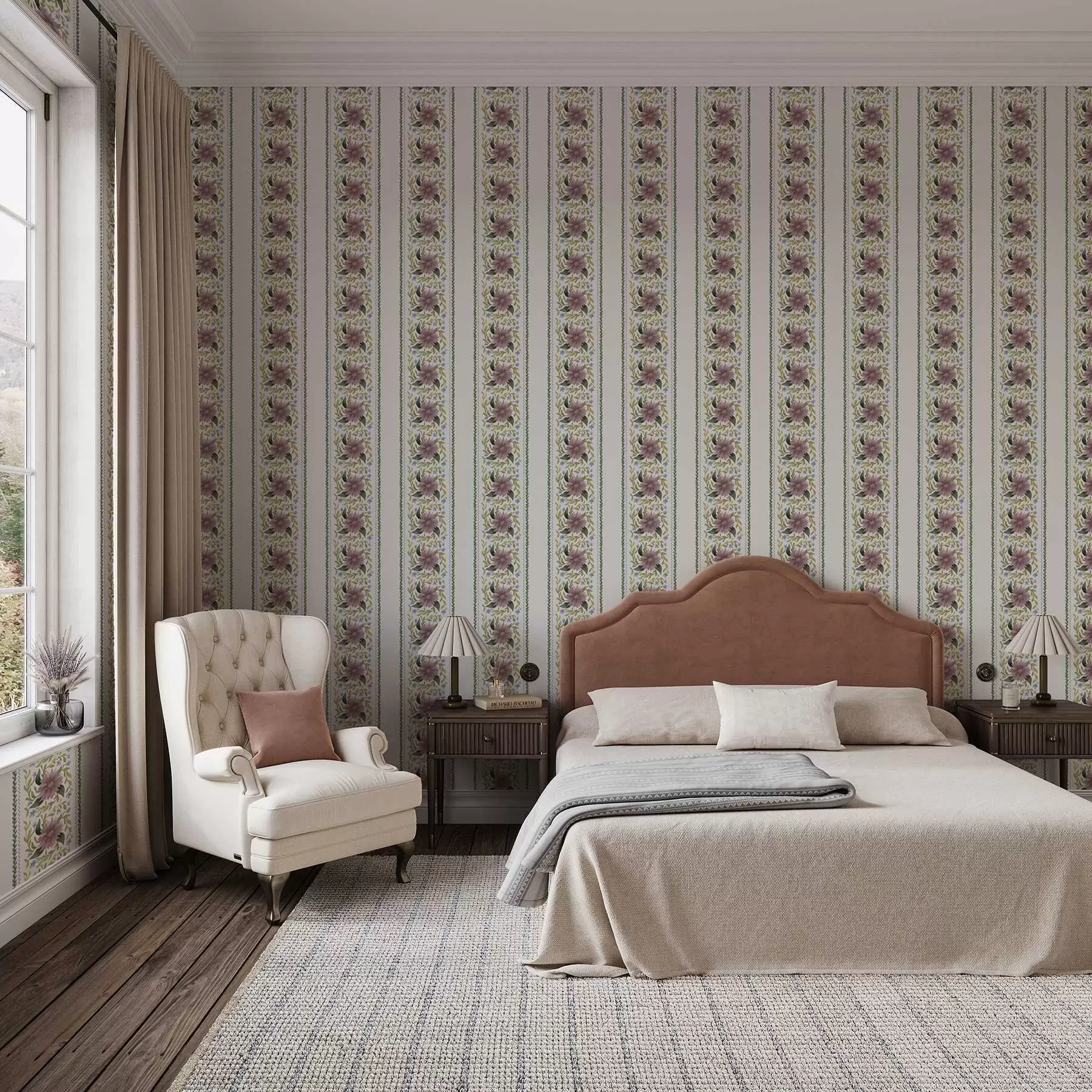 murais de parede Listras florais verticais em tons de azul lilás a00809