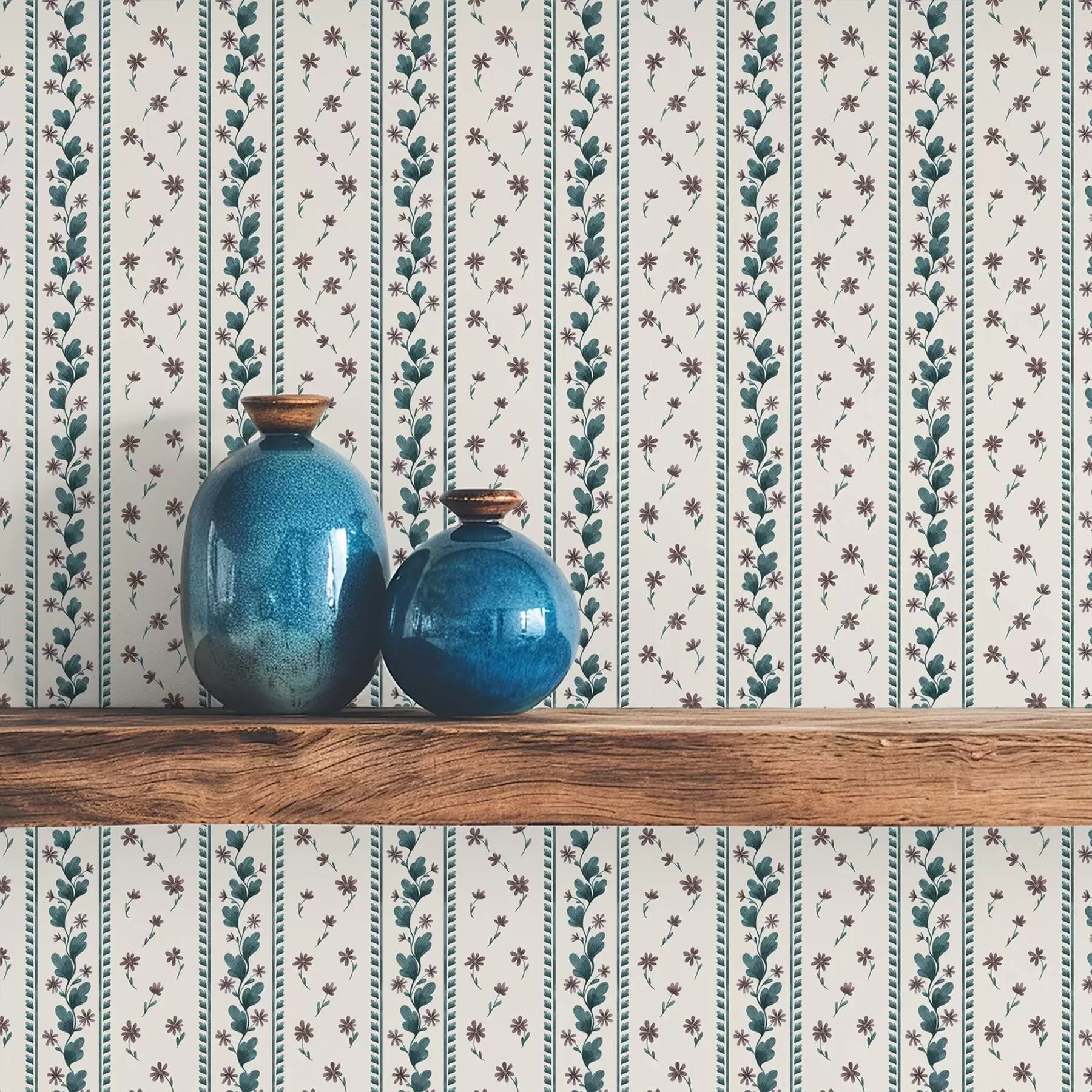 murais de parede Listras florais verticais em tons de azul e castanho a00811