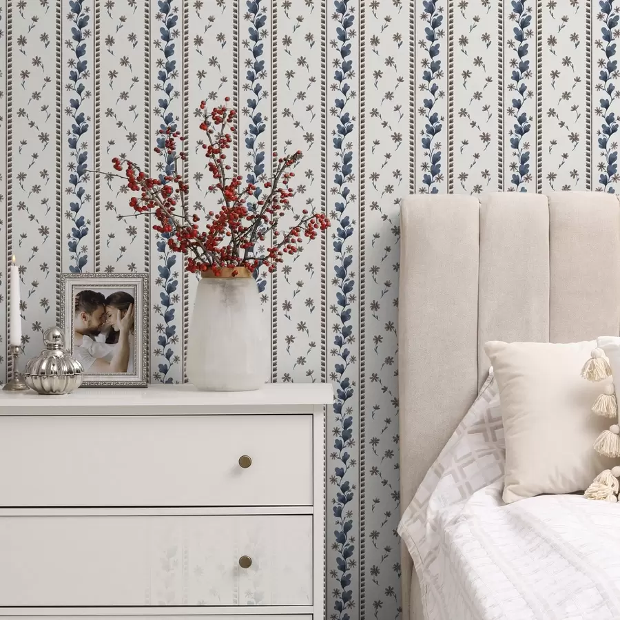 murais de parede Riscas florais verticais em tons de azul e castanho a00811v2