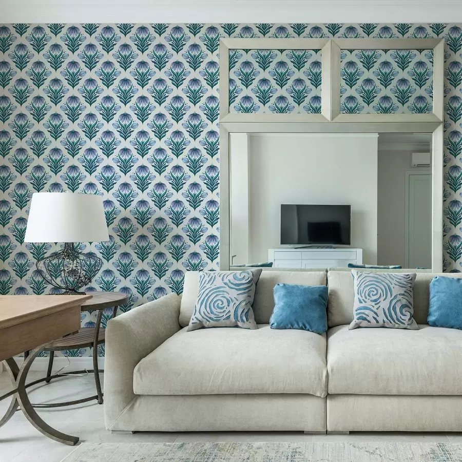 murais de parede Ornamento floral simétrico em tons de azul e branco a00812v2