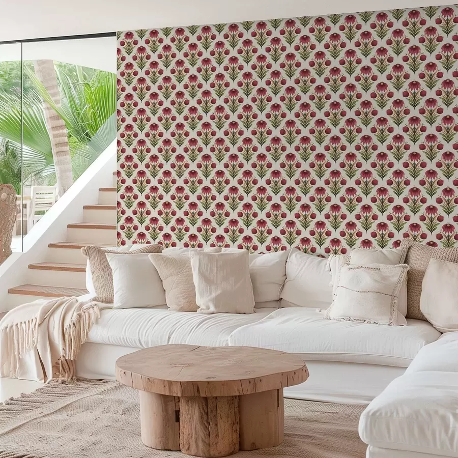 murais de parede Ornamento floral simétrico em ricos tons vermelho-verde a00812v4