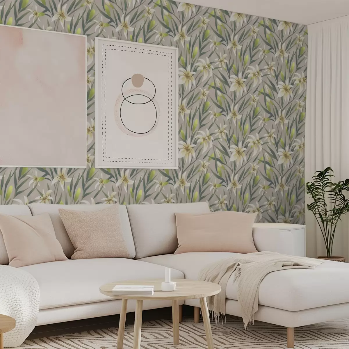 Papel de parede Lírios creme com folhas sobre fundo cinza-bege a00837