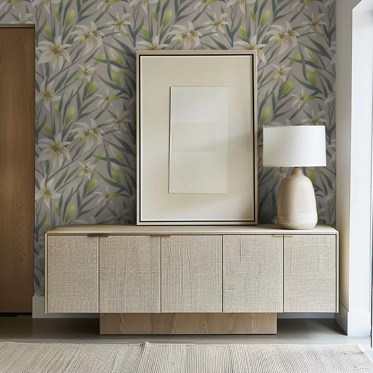 Papel de parede Lírios creme com folhas sobre fundo cinza-bege a00837