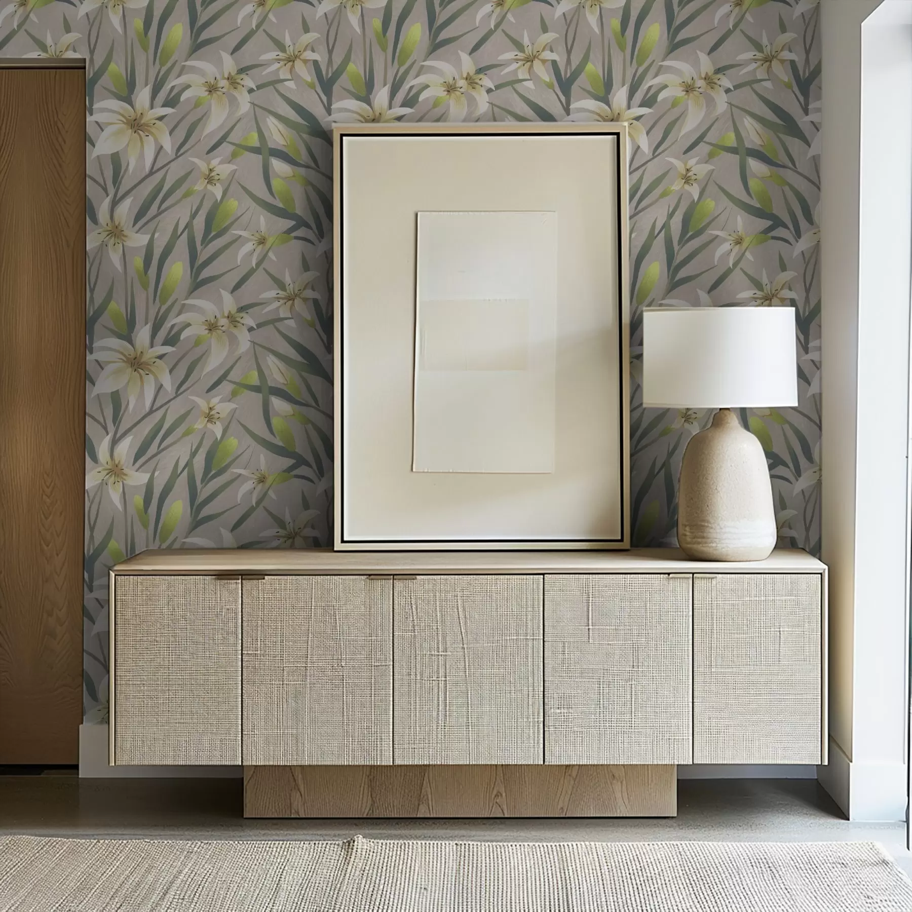 murais de parede Lírios creme com folhas sobre fundo cinza-bege a00837